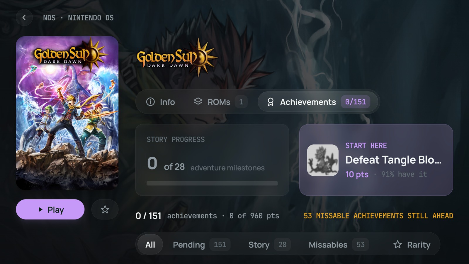 A game page on its Achievements tab: the game's own logo drawn in place of the title, story progress across 28 milestones, the achievement to start with with its points and rarity, an amber warning that 53 missable achievements are still ahead, and the filters for all, pending, story, missable and rarity