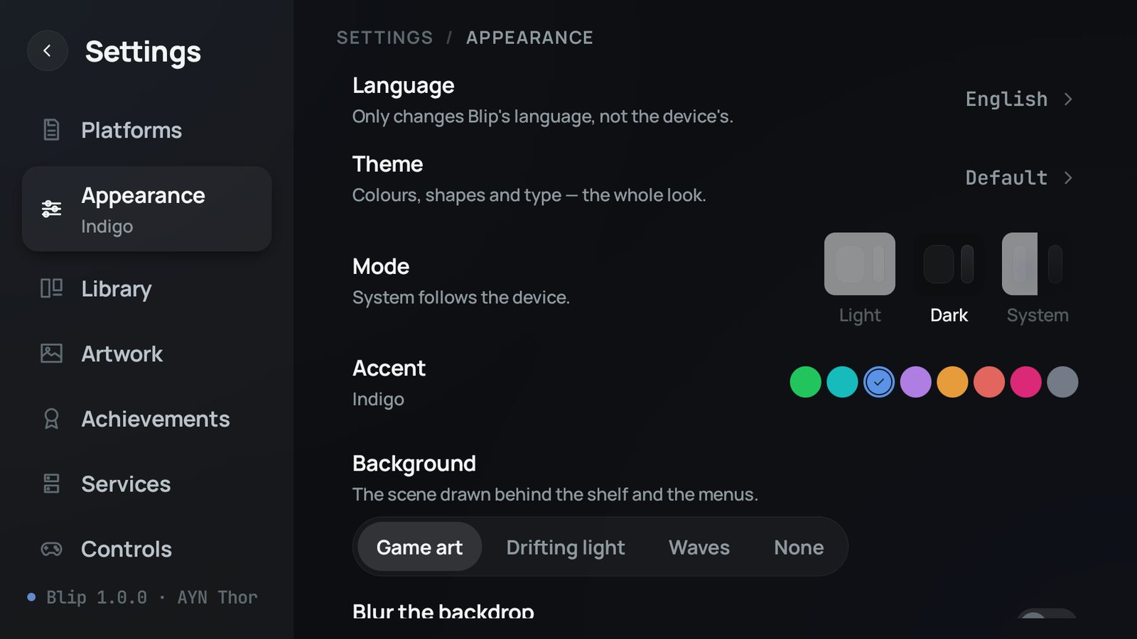 The Appearance settings page: language, theme, light, dark or system, the eight accent colours and the four backgrounds, all on one page