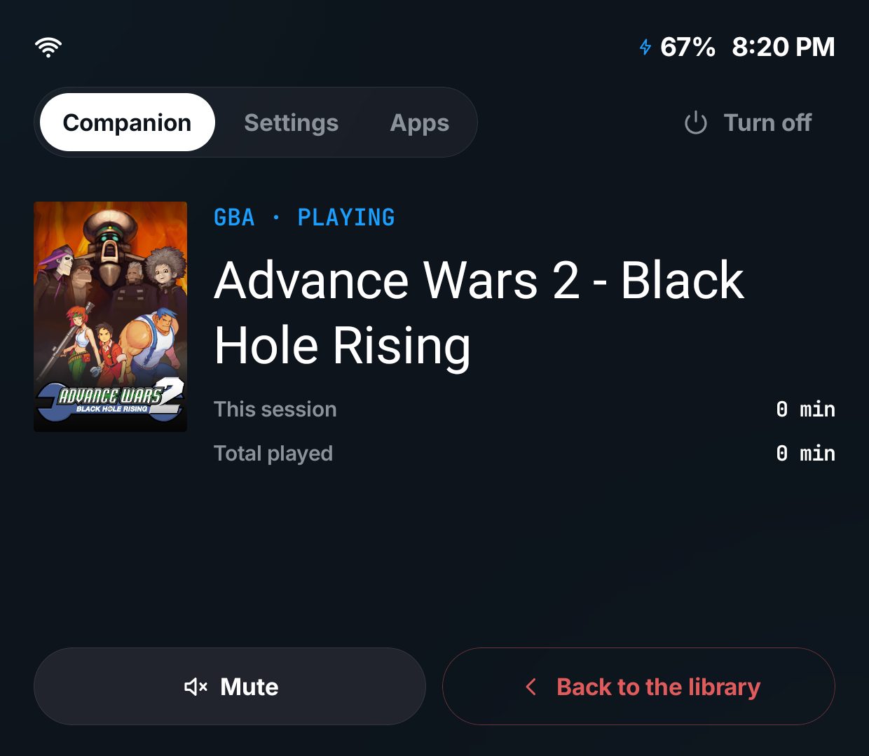 The panel below it, awake: the Companion, Settings and Apps tabs, the game's cover and title, this session's and the total play time, Mute and Back to the library