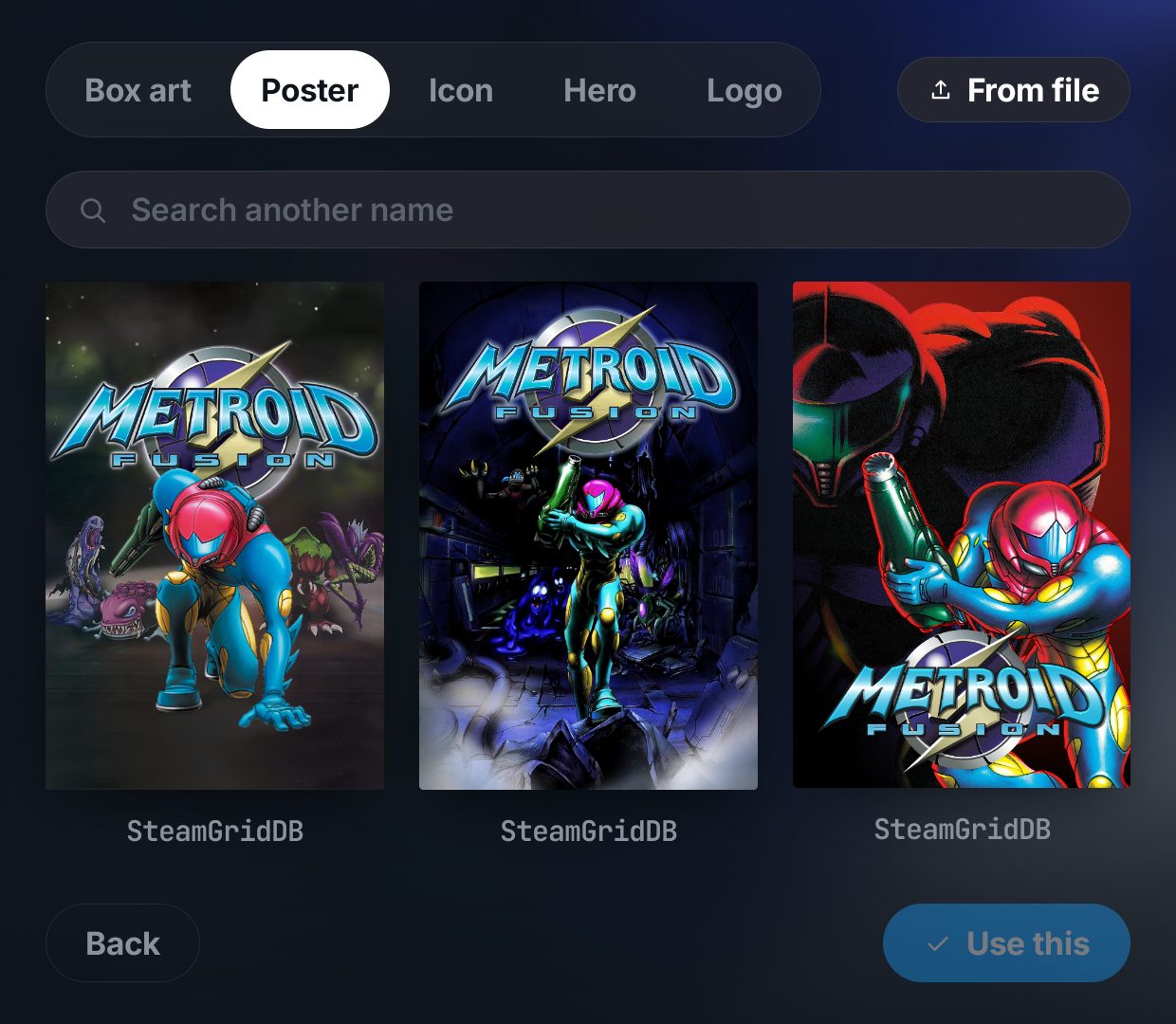 The panel below it: tabs for box art, poster, icon, hero and logo, a field to search another name, and the candidates each labelled with the service it came from